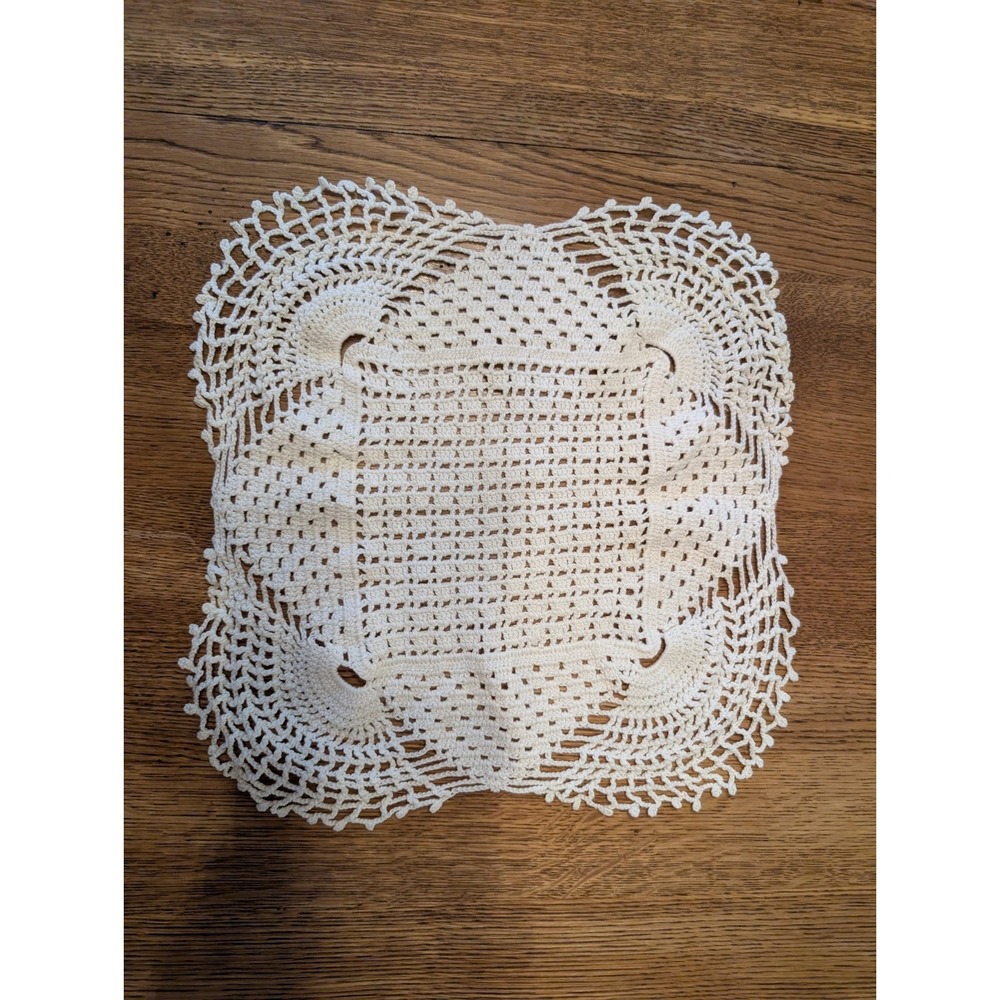 Beautiful Handmade Crocheted Doily, White 12 in, Square With Rounded Corners
